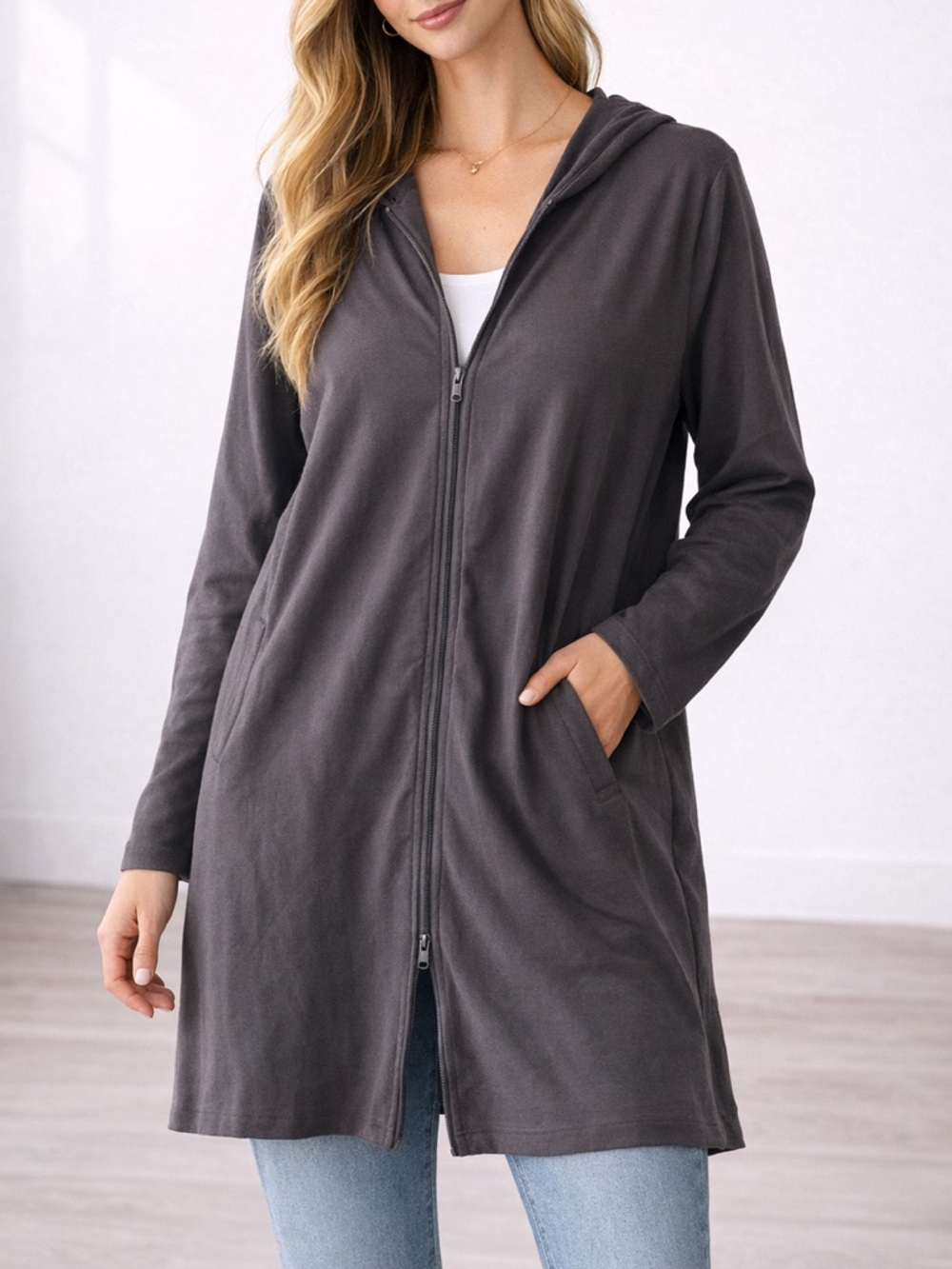 Eileen Fisher Zip Hooded Jacket XL Charcoal Stretch Viscose Long Cardigan NWOT